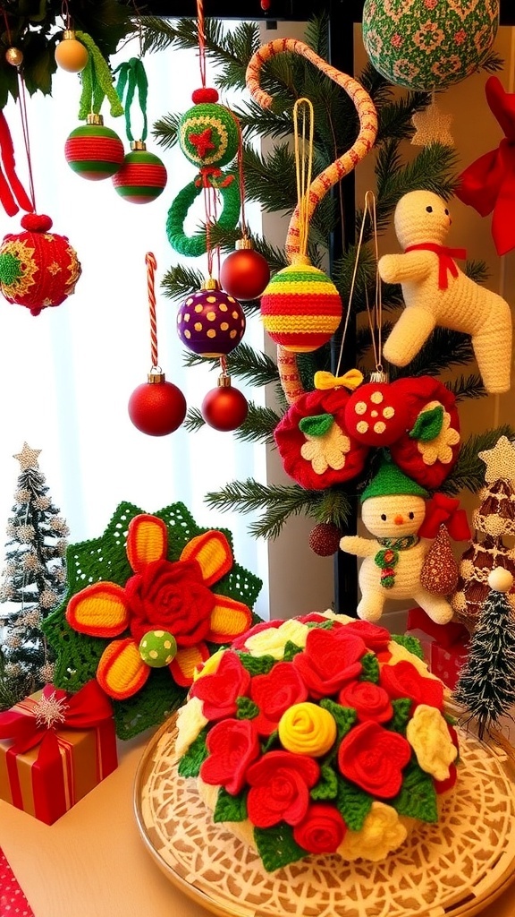 Crochet Christmas decorations including ornaments, a wreath, and snowflakes on a festive table.